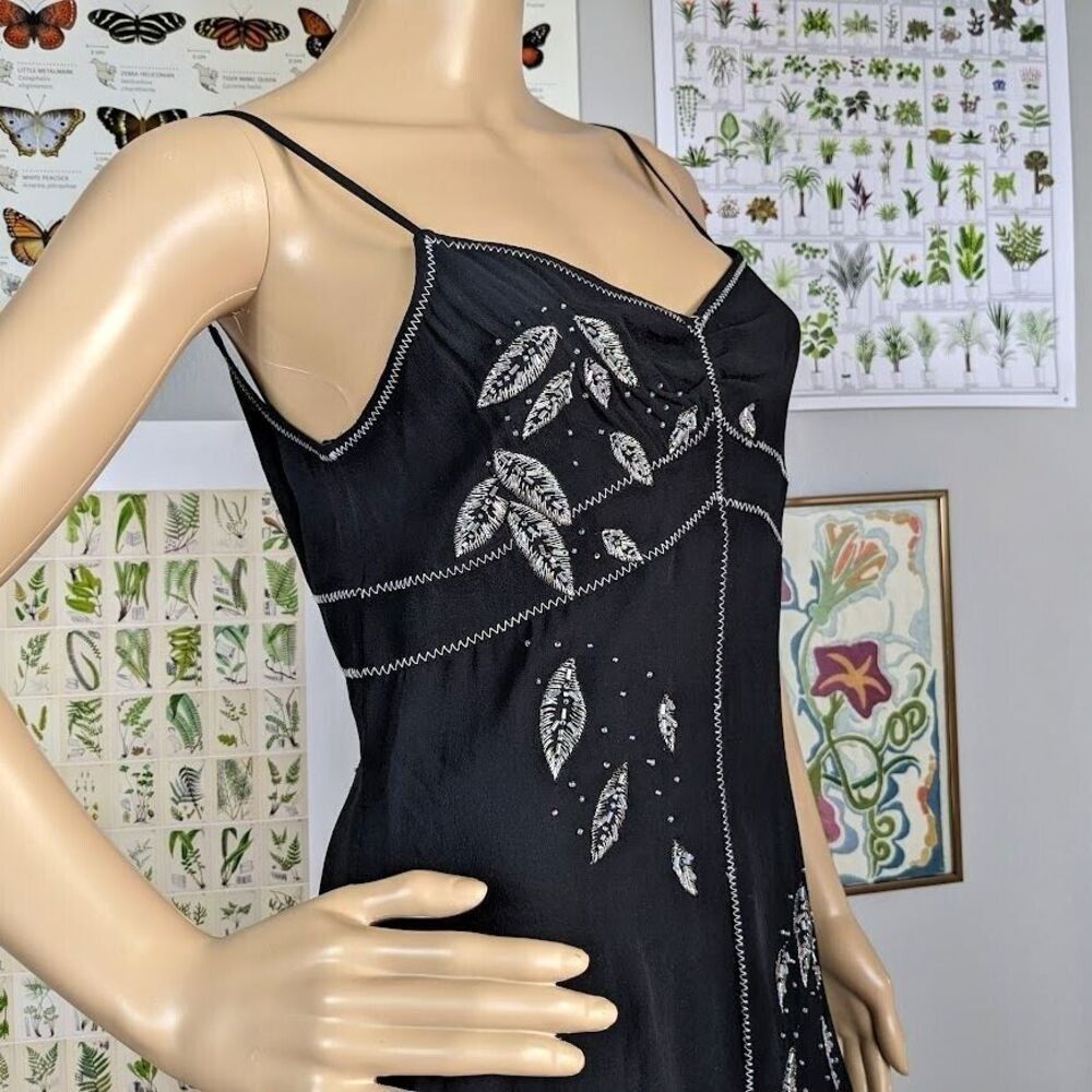 Vintage 90s y2k Sue Wong Silk Midi Dress Silver Beaded Dark Fairycore Size 6 - Picture 6 of 12